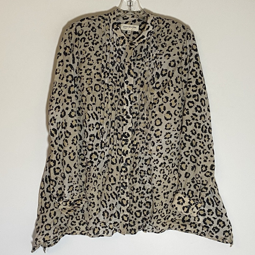 Jones New York Sport Top Womens Small Leopard Button Up Mock Collar Tunic Long S